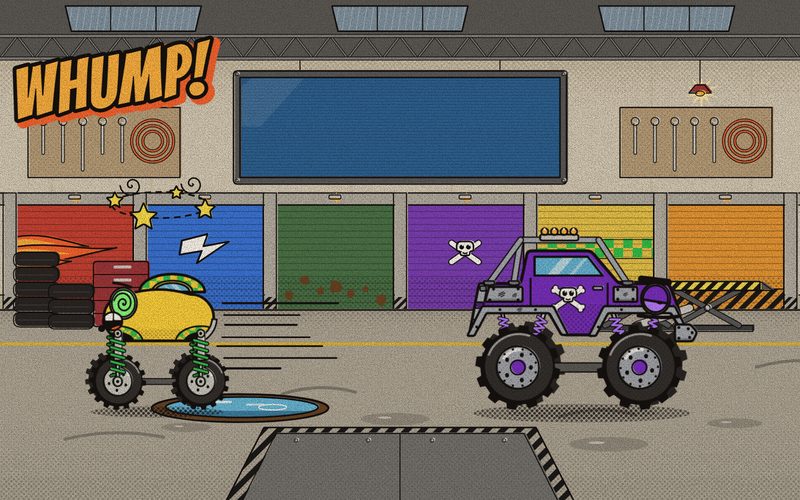 Bounce has skidded across the wet Garage floor into the stack of spare tires and sits there dizzy, while Smash doesn’t even look up
