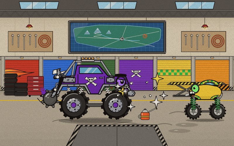 Smash in her purple bay winds her oiled chain in link by link, while Bounce peeks around the wall with wide green headlights