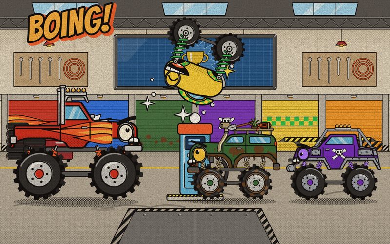Bounce flips high over the Garage fuel pump while Big Stomp, Smash and Mudslide watch in surprise
