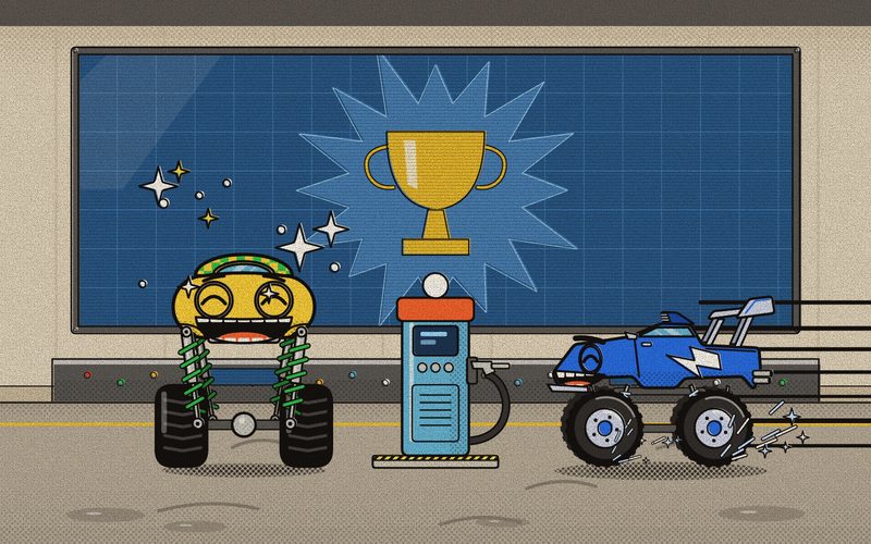 Bounce waits his turn at the fuel pump, fizzing with his secret, while Nitro zooms past in a blue blur