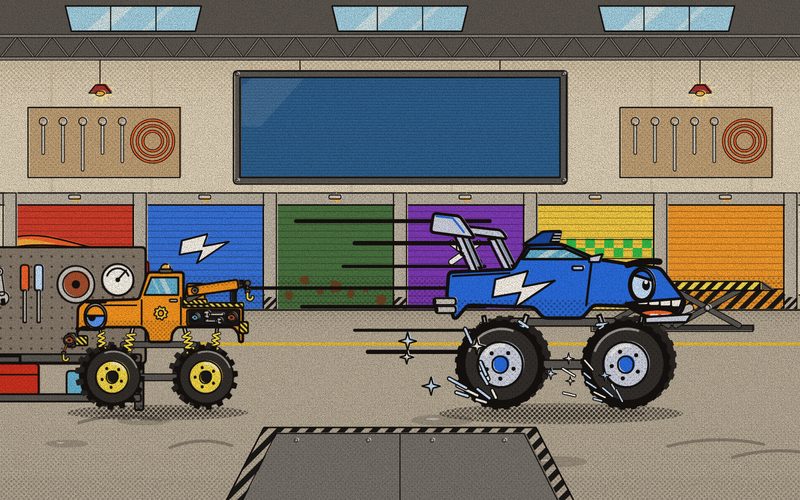 Nitro zooms around the Garage in a spray of blue sparks, while Torque calmly keeps working.