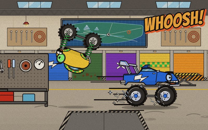 Bounce wobbles in the middle of a backflip as Nitro whooshes past him across the Garage floor