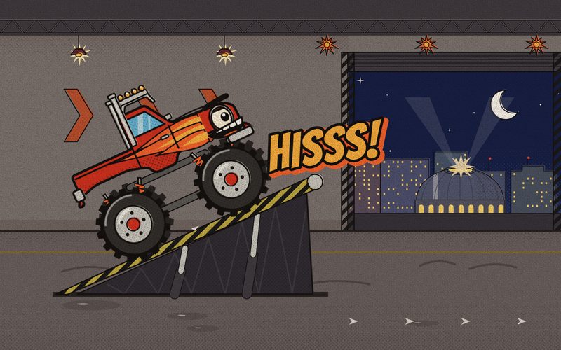 The Launch Ramp tips up toward the big doors with a hiss, and Big Stomp rolls onto it, eager for the warm night outside