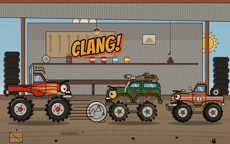 An old hubcap spinning across the Junkyard workshop floor toward Mudslide, while Big Stomp is wedged in the doorway and Rusty watches